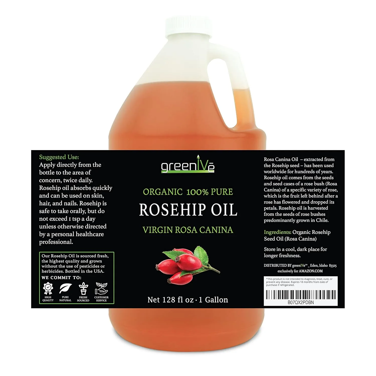 GreenIVe Rosehip Oil Rosa Canina 100% Pure Cold Pressed Virgin Oil Exclusively on Amazon (128 Fl Oz (1 Gallon))