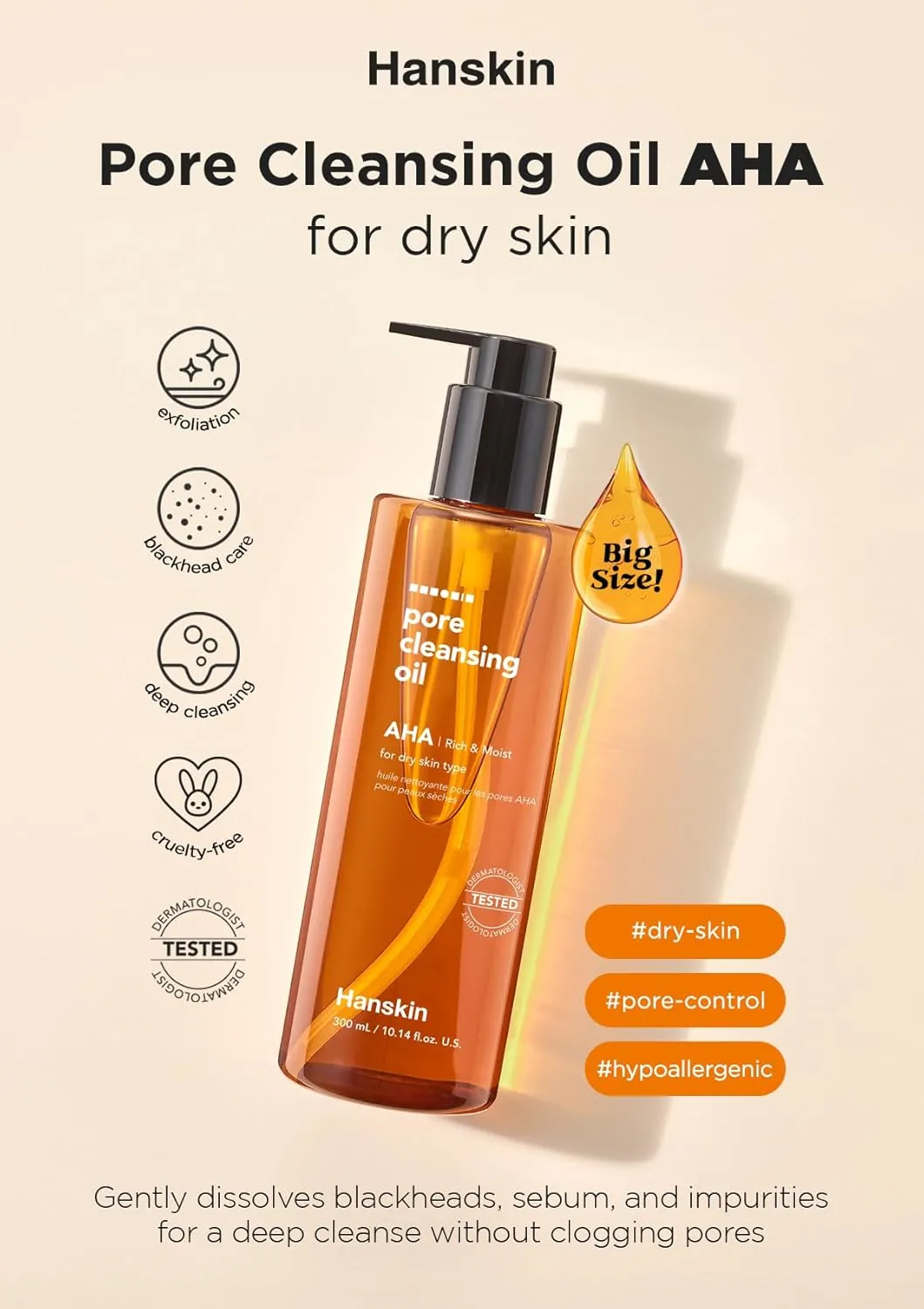 Hanskin AHA Pore Cleansing Oil for Dry Skin, Exfoliating, Waterproof Makeup Remover Facial Cleanser, Moisturizing for Soft Skin, Korean Skincare [AHA/10.14 oz.]