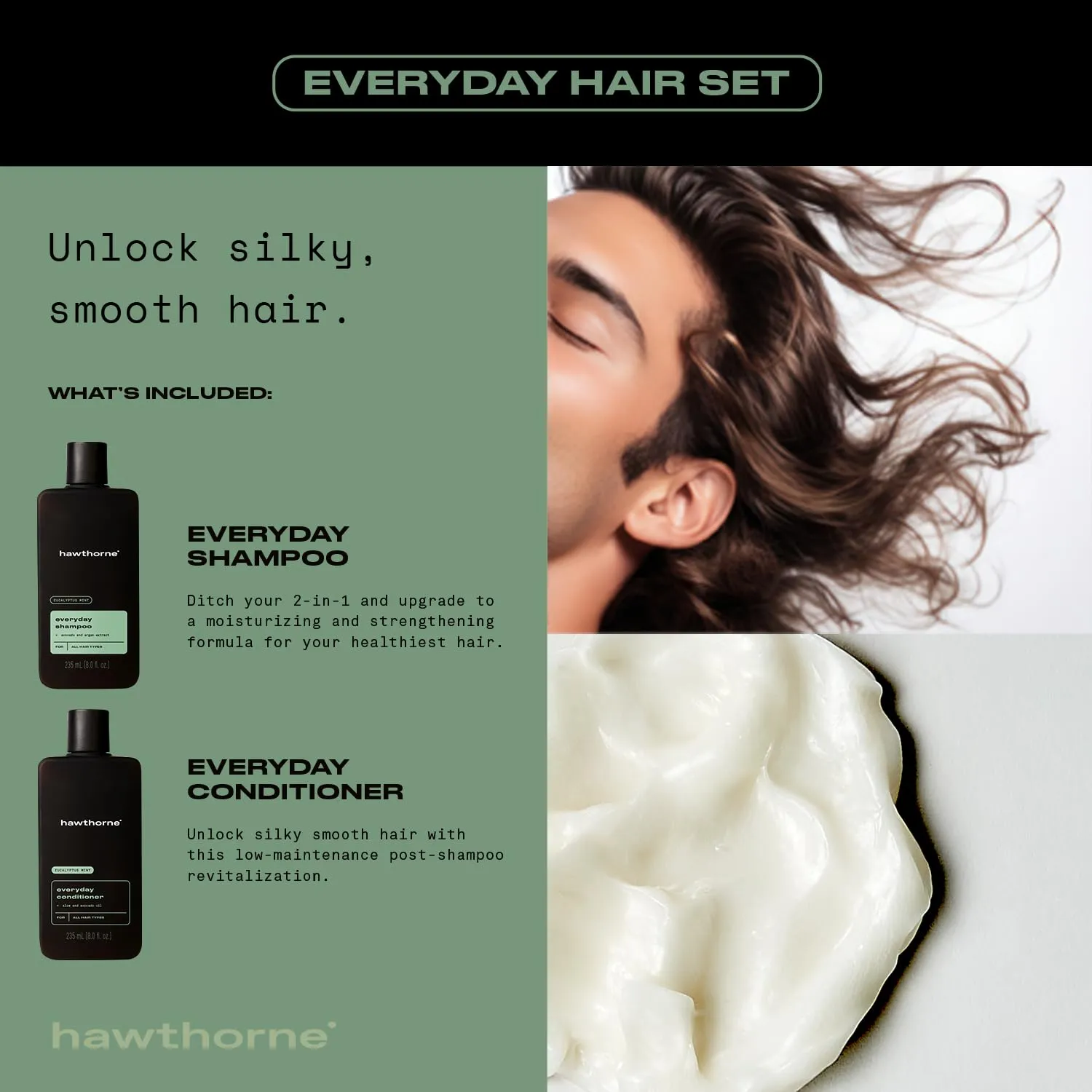 Hawthorne Men's Everyday Shampoo and Conditioner Set. For Stronger, Healthier Hair with Pure Avocado Oil and Coconut Oil. Mint and Eucalyptus Scent. Sulfate Free, Paraben Free. 8 fl. oz each.