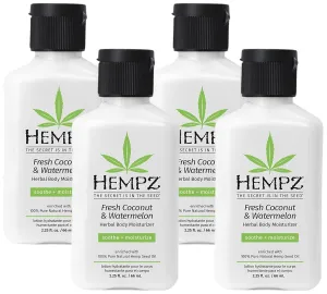 Hempz Herbal Body Moisturizer, Pearl White, Fresh Coconut/Watermelon, 2.25 Ounce (Pack of 4)