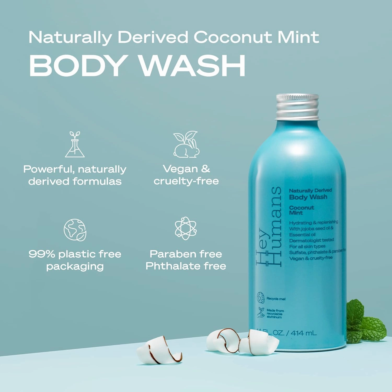 Hey Humans Coconut Mint Moisturizing Body Wash with Natural Ingredients & Jojoba Oil | Clean, Vegan, Sulfate Free Bath & Body Wash for Women & Men | Recyclable Bottle, 14 fl. oz. - Pack of 3