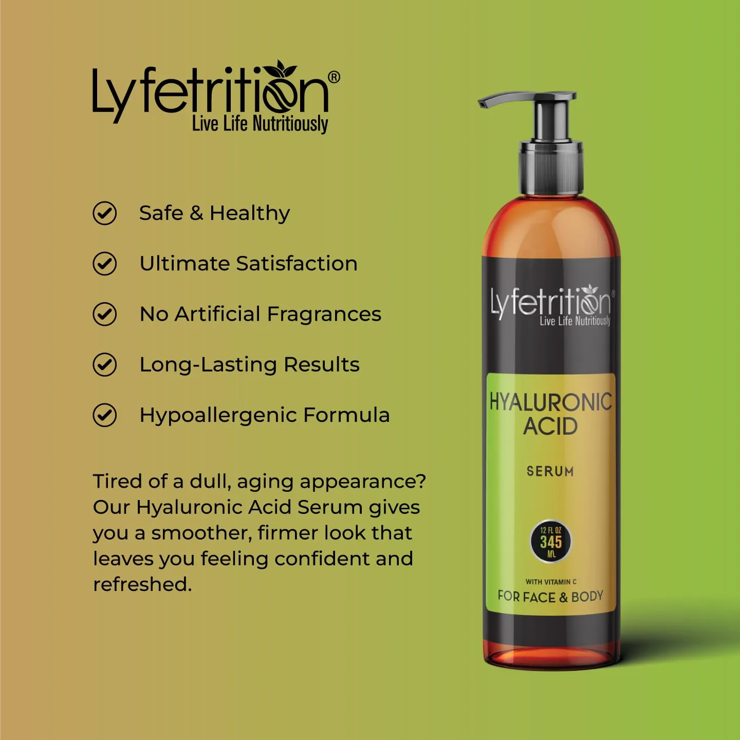 Hyaluronic Acid Serum for Skin, Moisturizing and Hydrating Serum for All Types of Skin, 100% Natural Face Serum with Vitamin C & Aloe Vera (12 Fl Oz), Clear Serum, (Lyfe7581)