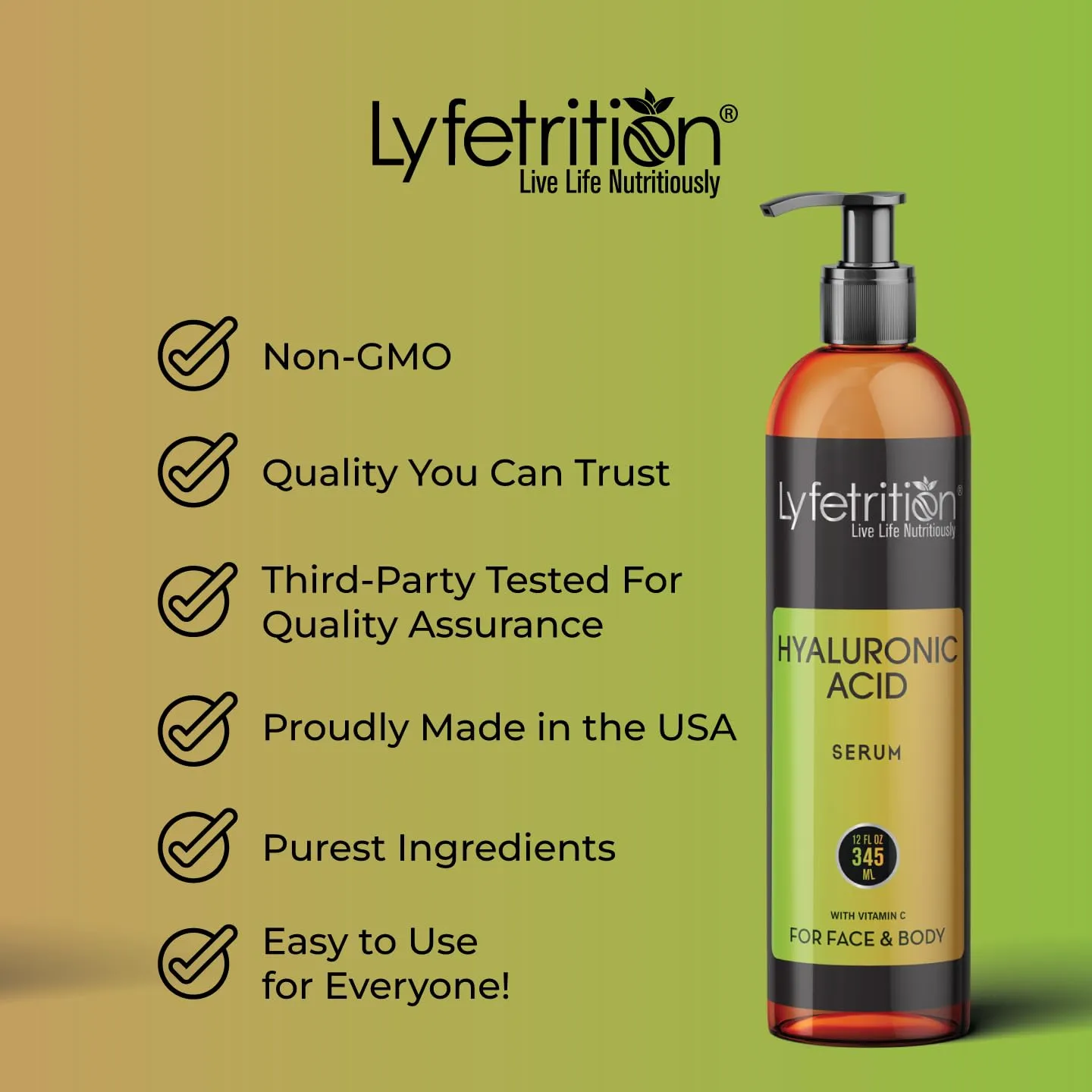 Hyaluronic Acid Serum for Skin, Moisturizing and Hydrating Serum for All Types of Skin, 100% Natural Face Serum with Vitamin C & Aloe Vera (12 Fl Oz), Clear Serum, (Lyfe7581)