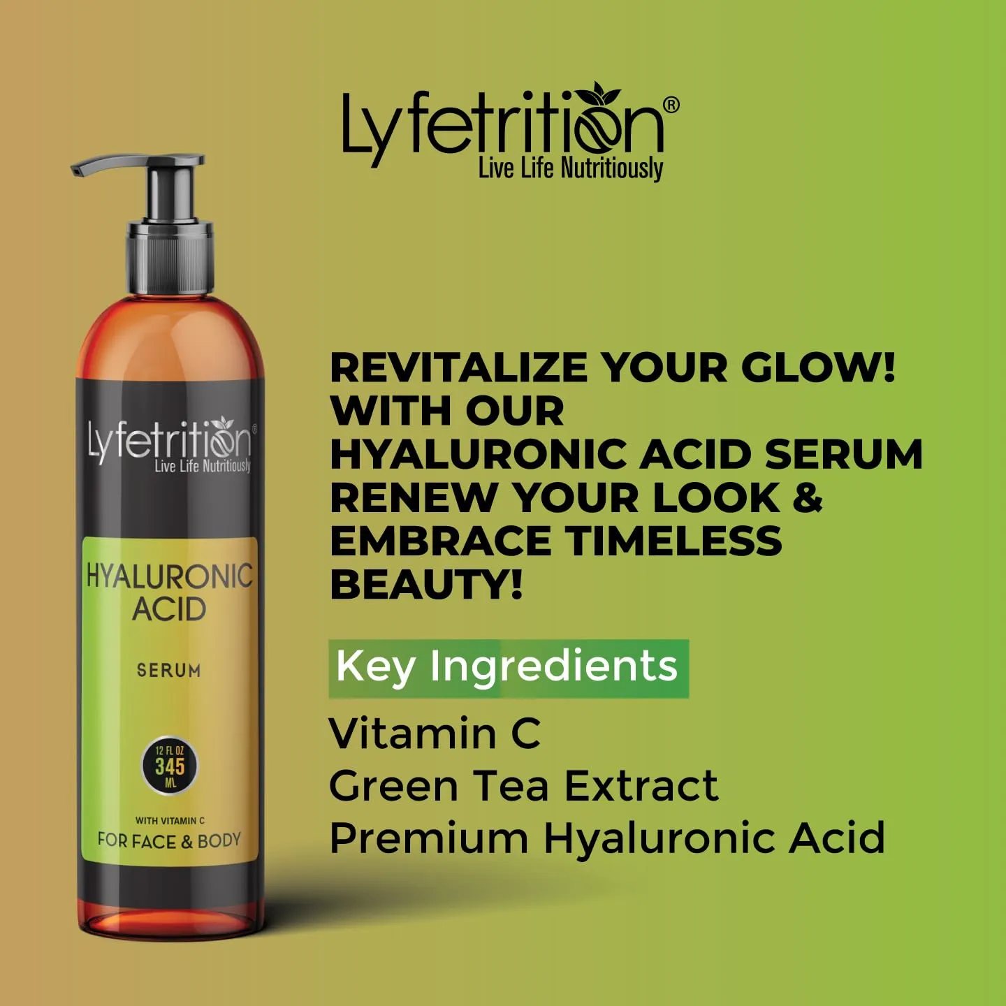 Hyaluronic Acid Serum for Skin, Moisturizing and Hydrating Serum for All Types of Skin, 100% Natural Face Serum with Vitamin C & Aloe Vera (12 Fl Oz), Clear Serum, (Lyfe7581)