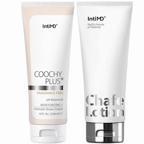 IntiMD Coochy Plus Fragrance Free & Chafe Lotion Kit - Intimate Shave Cream Prevents Razor Burn In-Grown Hair   Chafe Lotion Anti-Chafe Cream, Anti-Rubbing, Friction for Inner Thighs Armpit Running