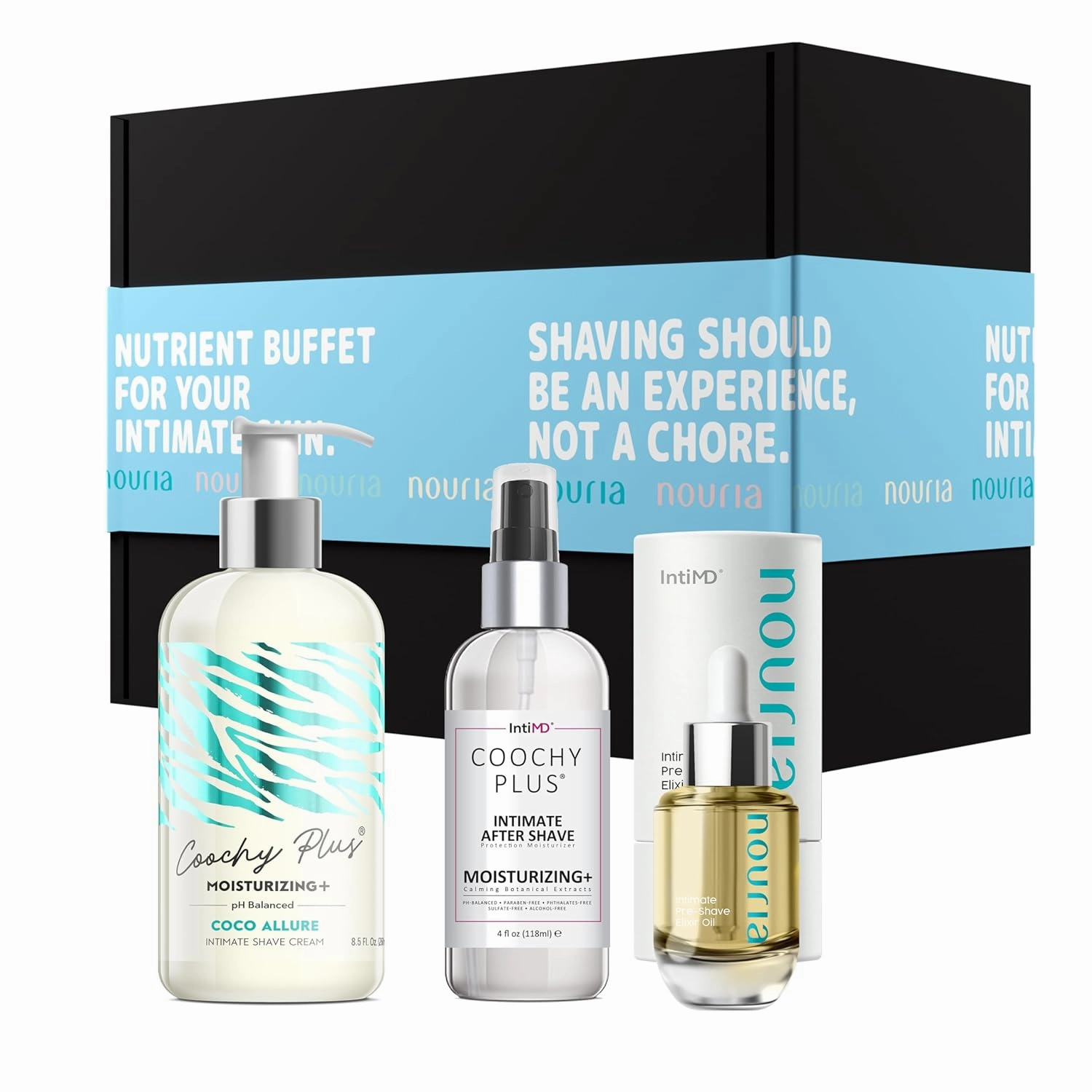 IntiMD Coochy Plus HydroLock Moisturizing   3-Steps Kit Intimate Shave Gift Set: Nouria Pre-Shave Elixir Oil   Coochy Plus Shave Cream Coco Allure   Coochy Plus After Shave Protection Mist