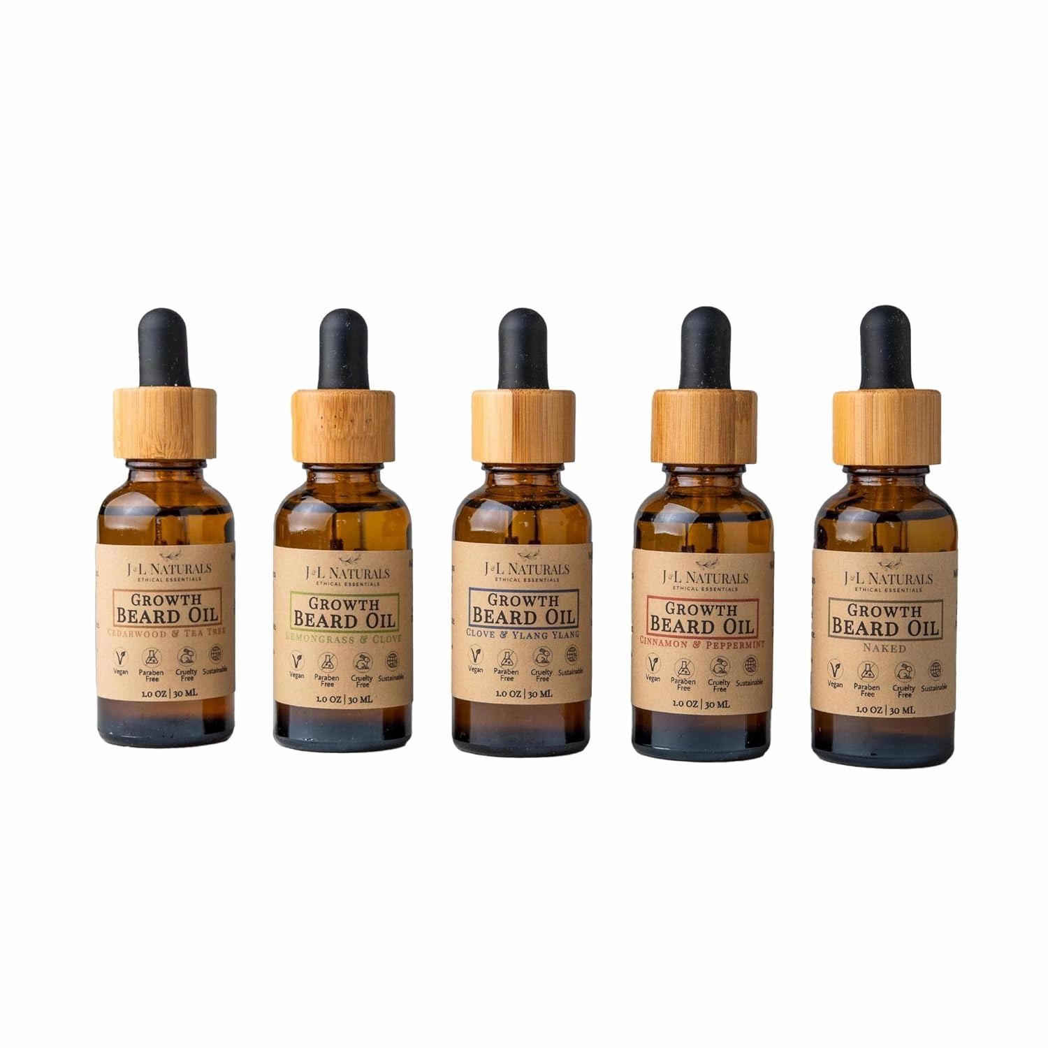 J&L Naturals | Beard Oil for Men | Growth, Grooming, Thicker Hair, Beard Care | 100% Natural Ingredients With Argan Oil, Jojoba Oil, Coconut Oil (1 Fl Oz (Pack of 5), Variety)
