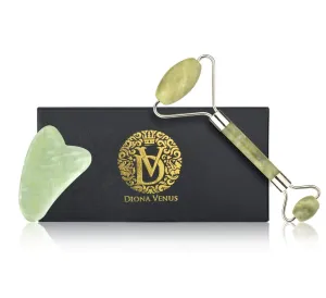 Jade Roller & Gua Sha Scraping Massage Tool By Diona Venus - Natural Jade Stone Set Anti-aging 100% Beauty Roller For Revitalizing & Reawakening Skin