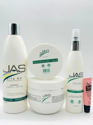 JAS Vita Rx Nourishing Shampoo 16 Oz, Conditioner 16 Oz & Hydrating Leave In with Jojoba Oil   Aloe Vera 8 Oz   Vita RX Wax 4 oz "Free Lip Plumping Gloss 10 Ml"