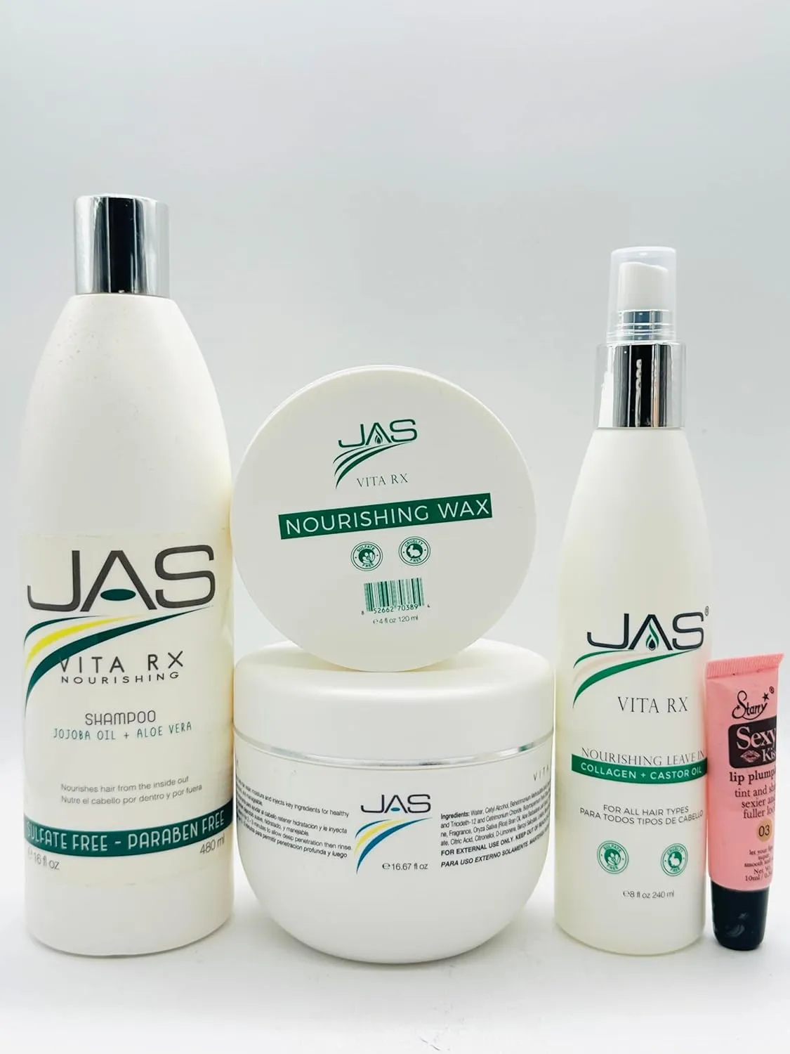 JAS Vita Rx Nourishing Shampoo 16 Oz, Conditioner 16 Oz & Hydrating Leave In with Jojoba Oil   Aloe Vera 8 Oz   Vita RX Wax 4 oz "Free Lip Plumping Gloss 10 Ml"