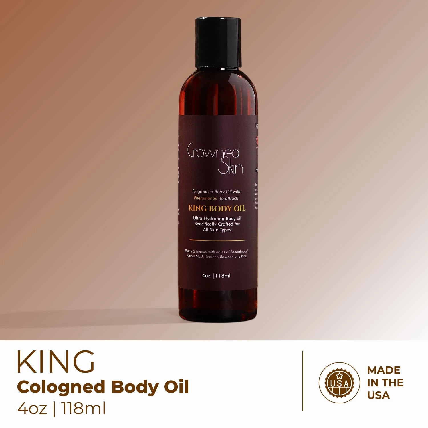 King Cologned Body Oil | Warm and Sensual Scent | Blended with Sandalwood & Leather | Infused with Jojoba and Grapeseed Oil | Moisturizing Formula with All-Day Fragrance | 4oz
