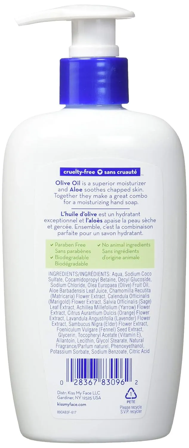 Kiss My Face Moisture Liquid Hand Soap, Green, Olive Oil & Aloe Vera, 54 Fl Oz, Pack of 6