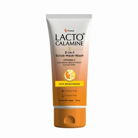 Lacto Calamine 3-in-1 Vitamin C Face Scrub-Mask-Wash for Skin Brightening Effect | 100ml x 1 | Multi-action Vitamin C Face Wash, Face Scrub, Face Mask with Kaolin Clay, Grape Seed Extract & Aloe Vera