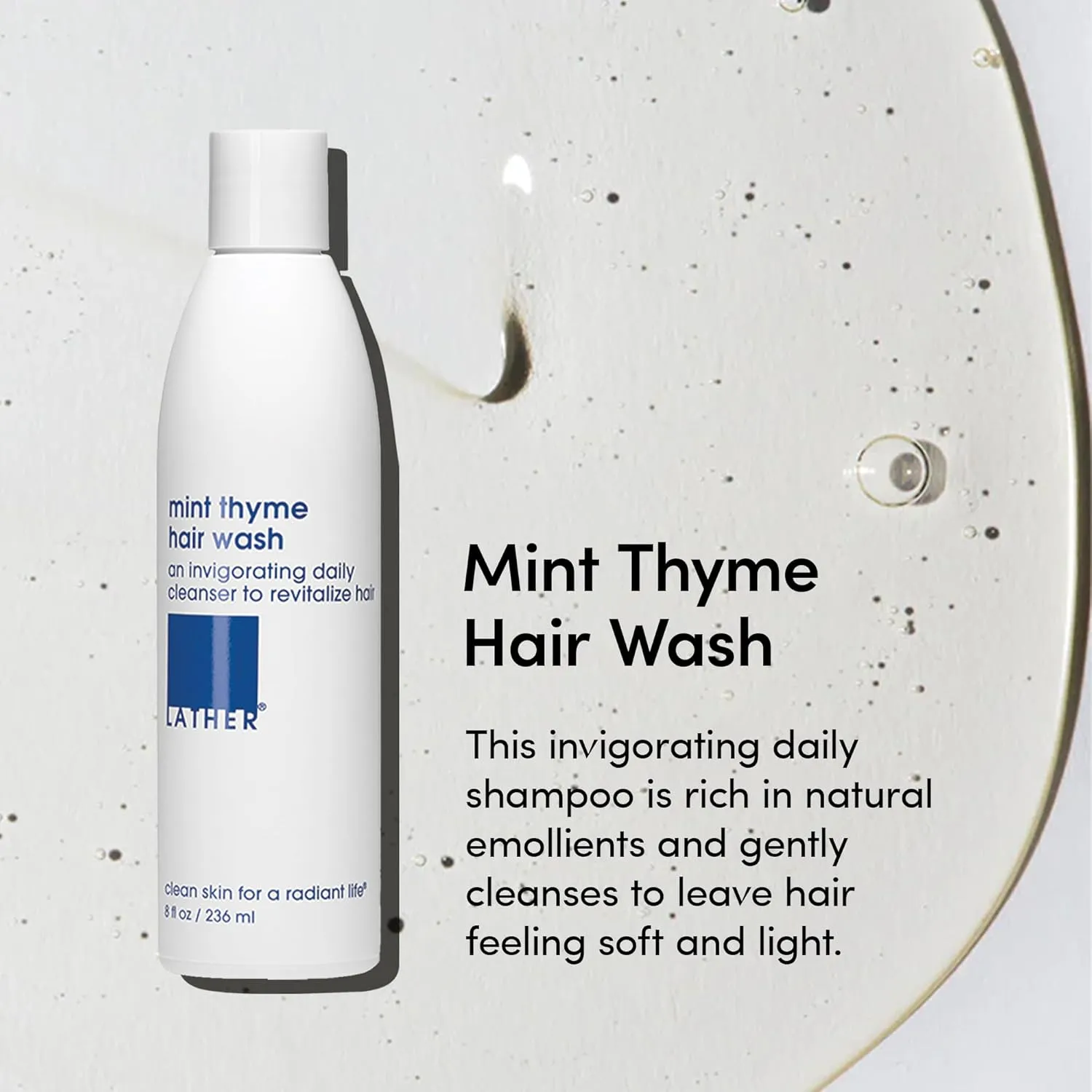 LATHER - Mint Thyme Hair Wash, 8 fl oz - Daily Shampoo & Cleanser - Revitalize Hair - Aloe, Chamomile, Cucumber - Sensitive Skin Safe - Hotel Approved - Vegan & Cruelty Free - Beauty & Hair Care