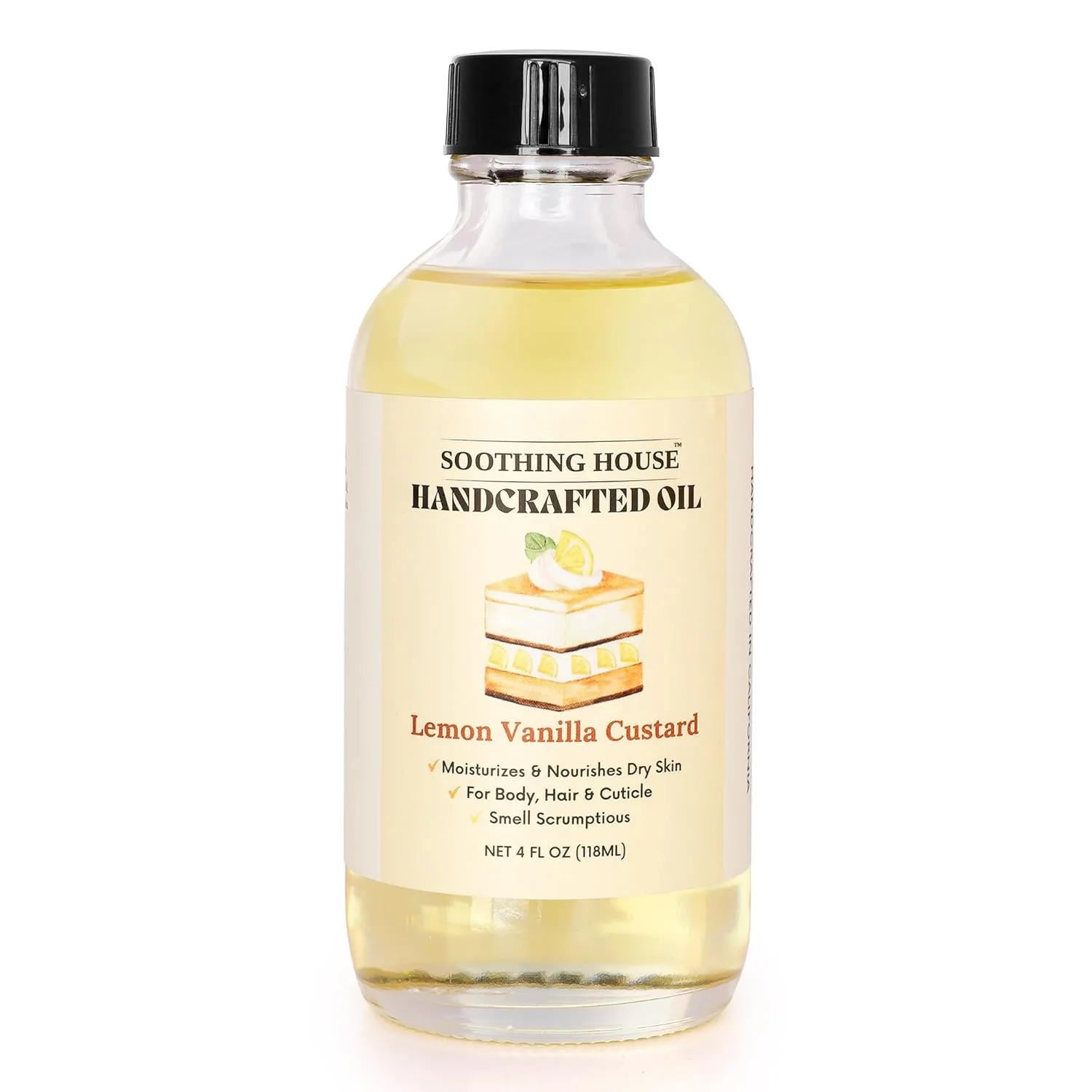 Lemon Vanilla Custard Oil with All-Natural Moisturizing Body Oil for Soft, Glowing Skin with Almond & Jojoba Oil (4 fl oz)