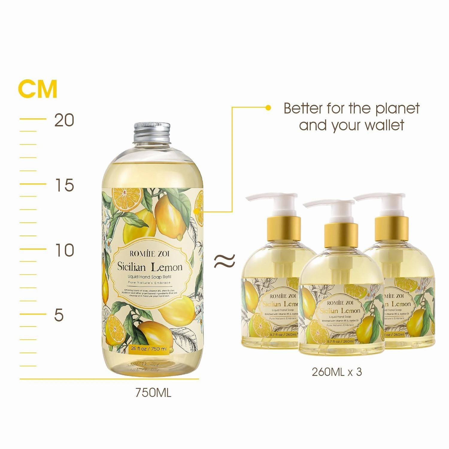Lemon Scent Liquid Hand Soap Refills - Natural, Gentle & Moisturizing Formula - Family Size 3 Pack, Ideal for Liquid Soap Dispensers in Kitchen and Bathroom