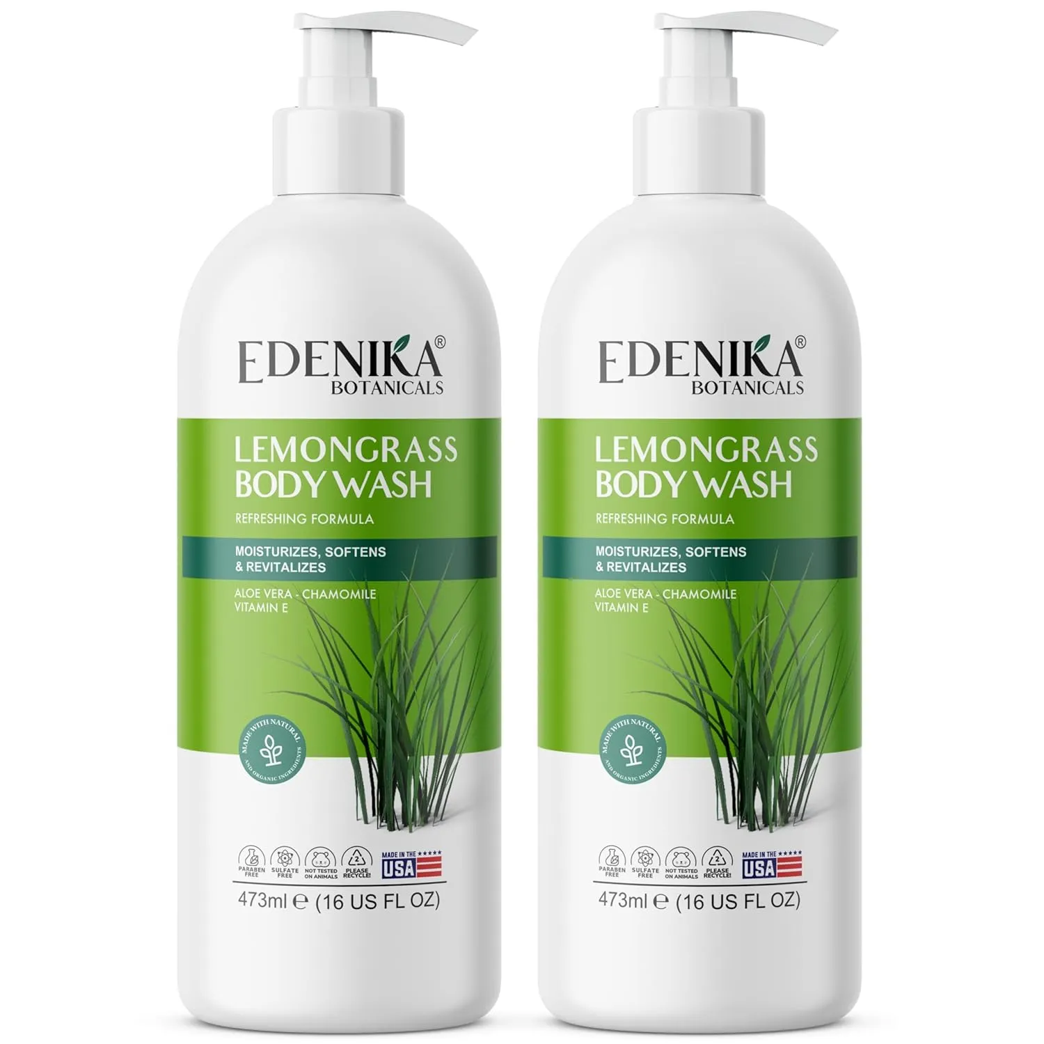 Lemongrass Refreshing Body Wash with Aloe Vera & Vitamin E, Cooling, Moisturizing & Nourishing, Natural Body Wash for All, Dry & Sensitive Skin, 16 fl oz (Pack of 2)