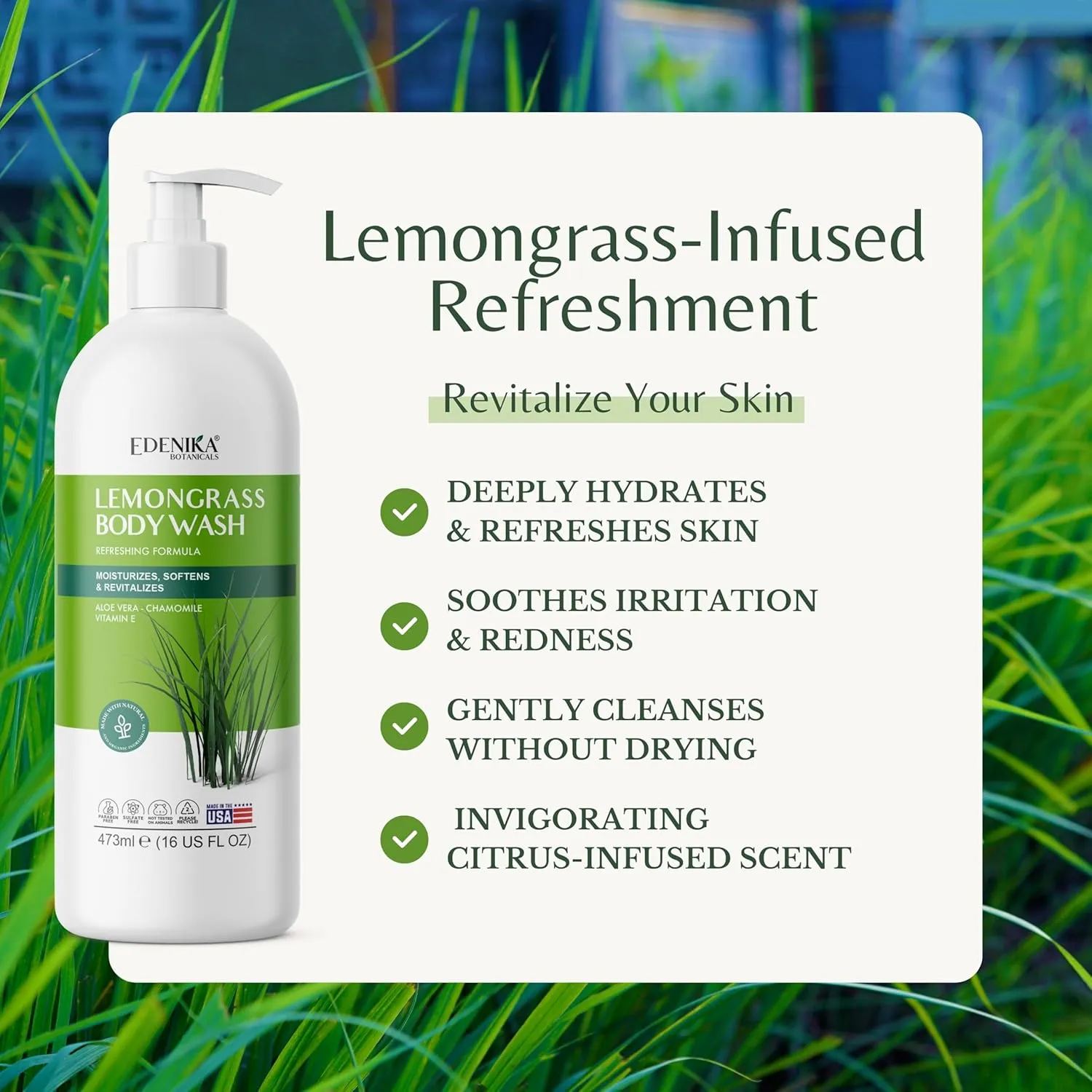 Lemongrass Refreshing Body Wash with Aloe Vera & Vitamin E, Cooling, Moisturizing & Nourishing, Natural Body Wash for All, Dry & Sensitive Skin, 16 fl oz (Pack of 2)