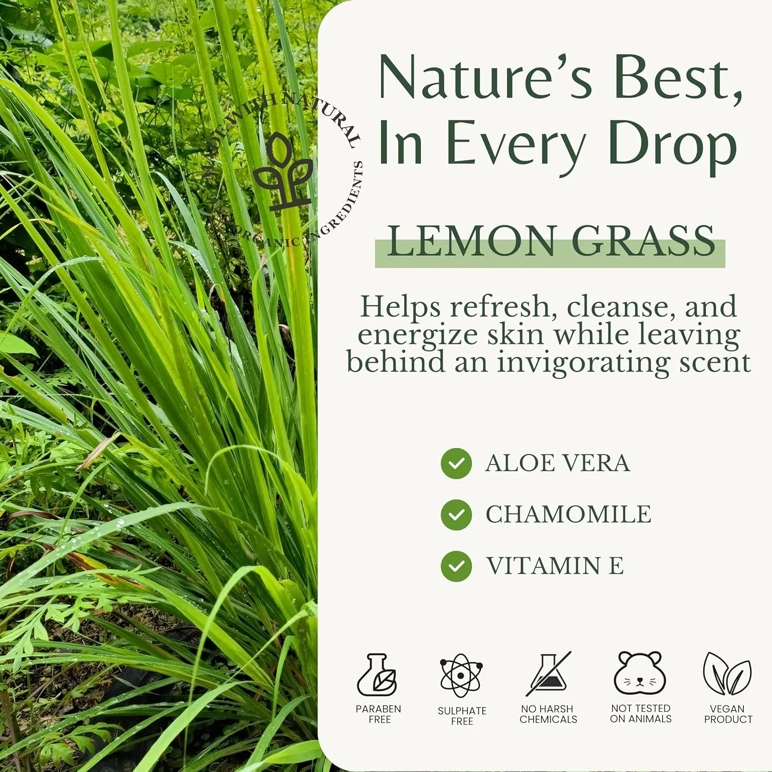Lemongrass Refreshing Body Wash with Aloe Vera & Vitamin E, Cooling, Moisturizing & Nourishing, Natural Body Wash for All, Dry & Sensitive Skin, 16 fl oz (Pack of 2)