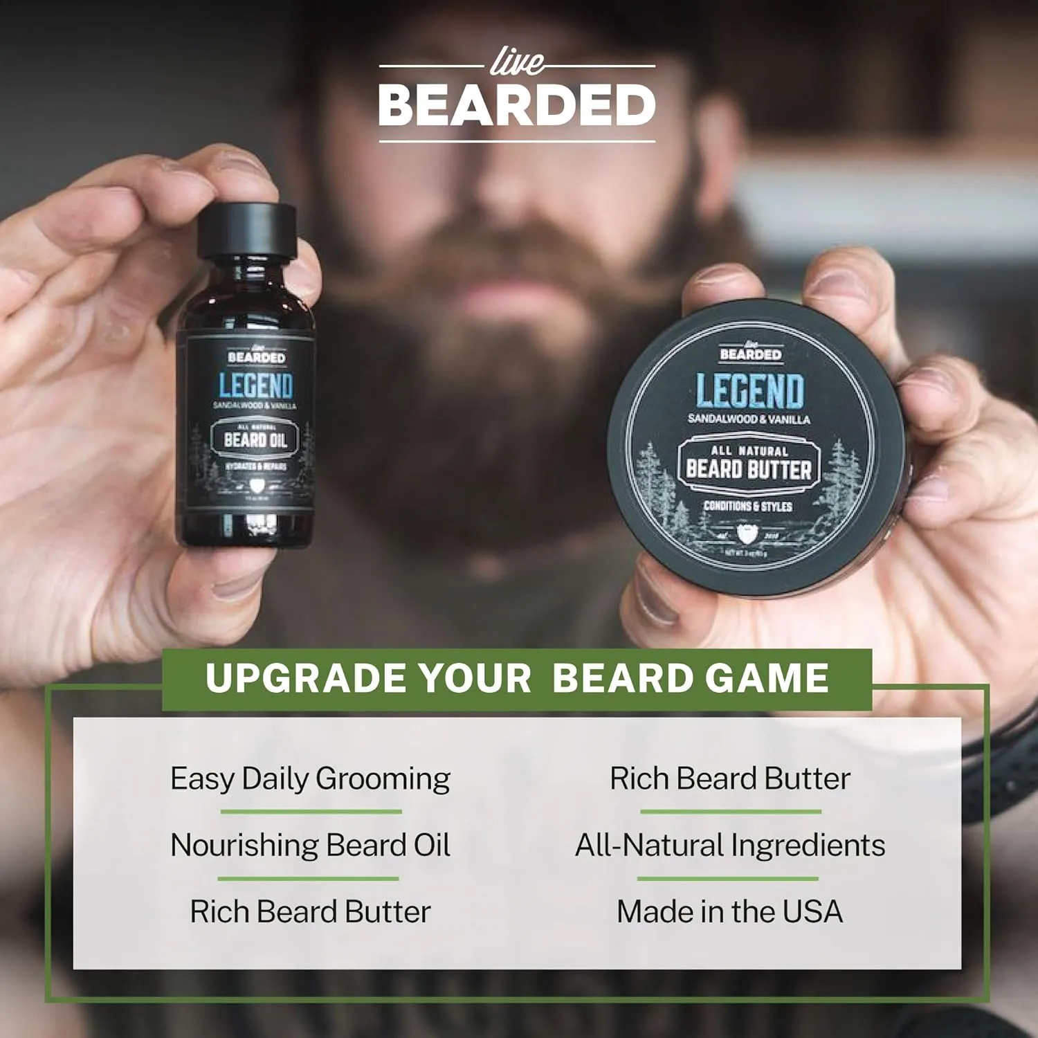 Live Bearded Beard Oil and Butter Grooming Kit - Made in the USA - All-Natural Ingredients with Shea, Argan, Jojoba - Growth Support | Executive Scent - Cedar, Vanilla