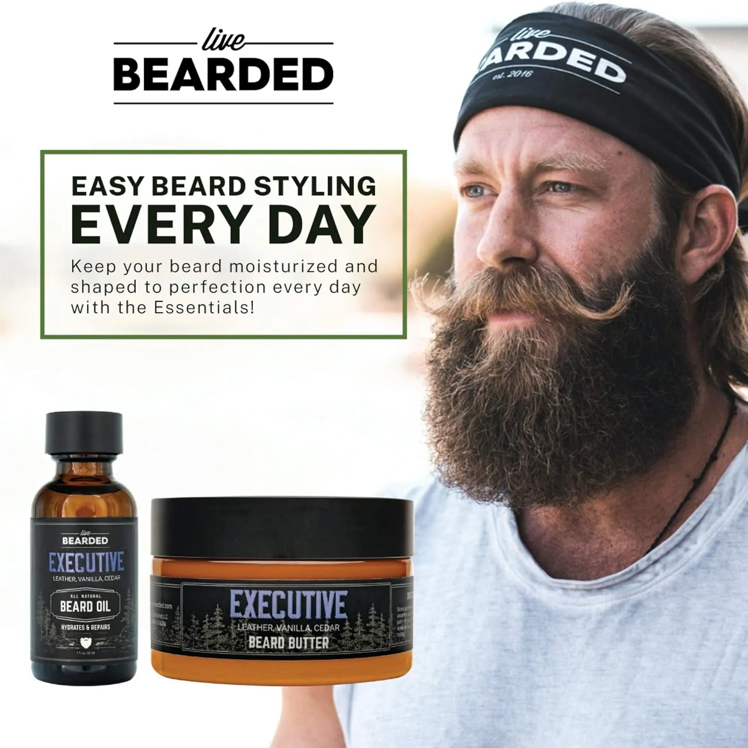 Live Bearded Beard Oil and Butter Grooming Kit - Made in the USA - All-Natural Ingredients with Shea, Argan, Jojoba - Growth Support | Executive Scent - Cedar, Vanilla