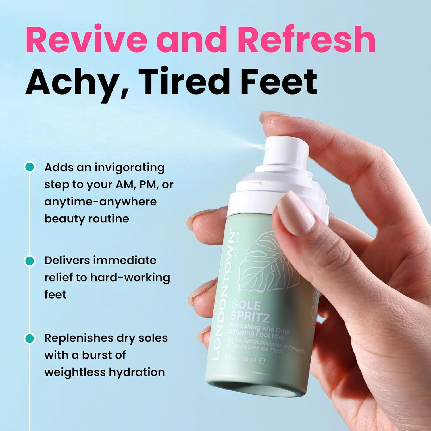 LONDONTOWN Sole Spritz Refreshing & Odor Foot - Cooling Spray with Tea Tree Oil, Eucalyptus Oil, Peppermint, and Cucumber Extract - Instant Relief and Hydration for All Skin Types, 0.2 oz.
