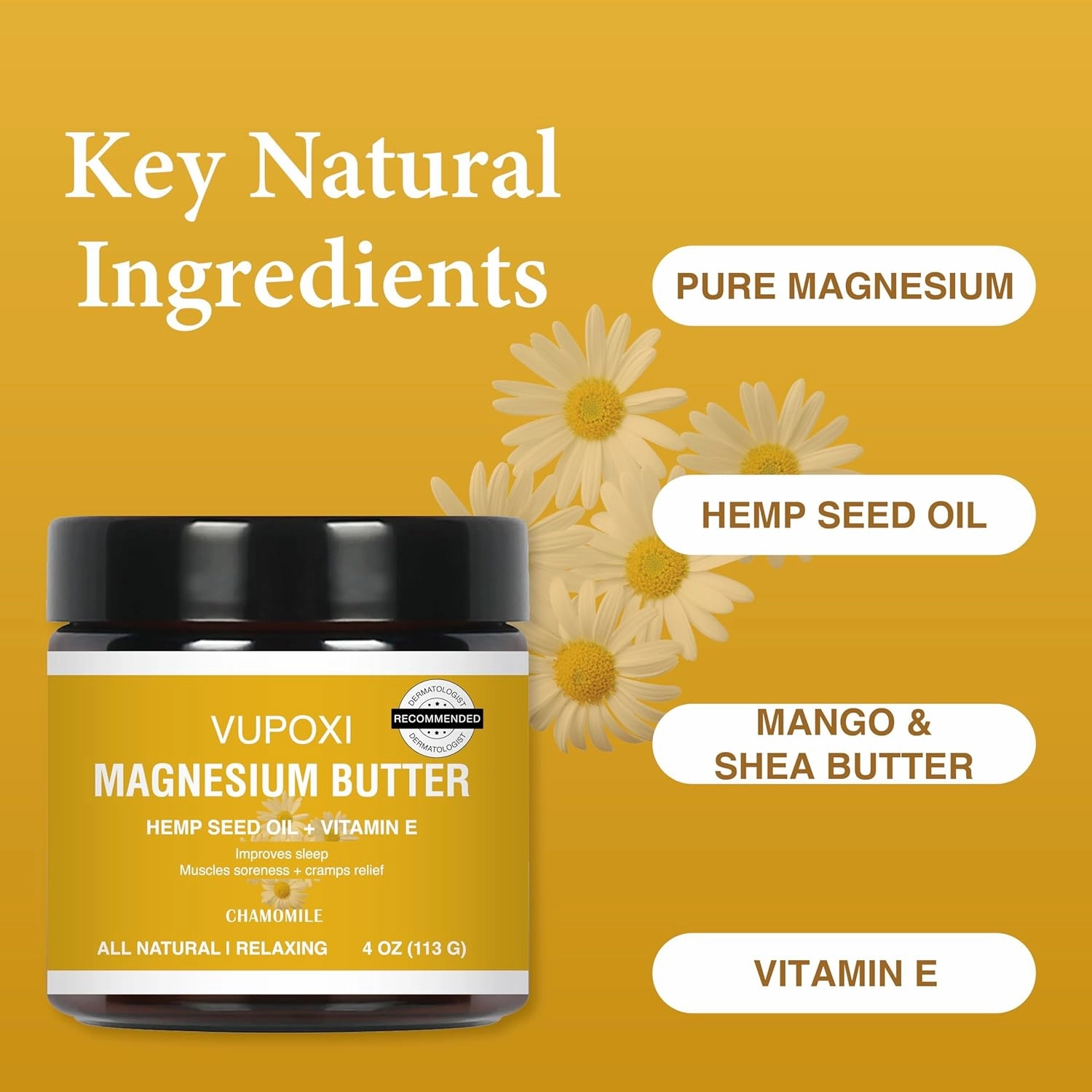 Magnesium Cream for Sleep, Muscle Soreness & Cramps Relief with Jojoba Oil, Vitamin E, Shea Butter - Topical Magnesium Lotion for Calm & Relaxation - (4 fl, Chamomile)