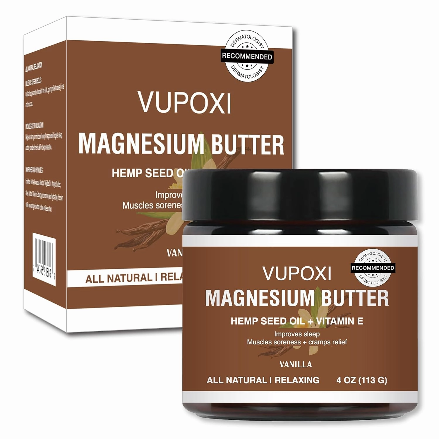 Magnesium Cream for Sleep, Muscle Soreness & Cramps Relief with Jojoba Oil, Vitamin E, Shea Butter - Topical Magnesium Lotion for Calm & Relaxation - (4 fl, Vanilla)