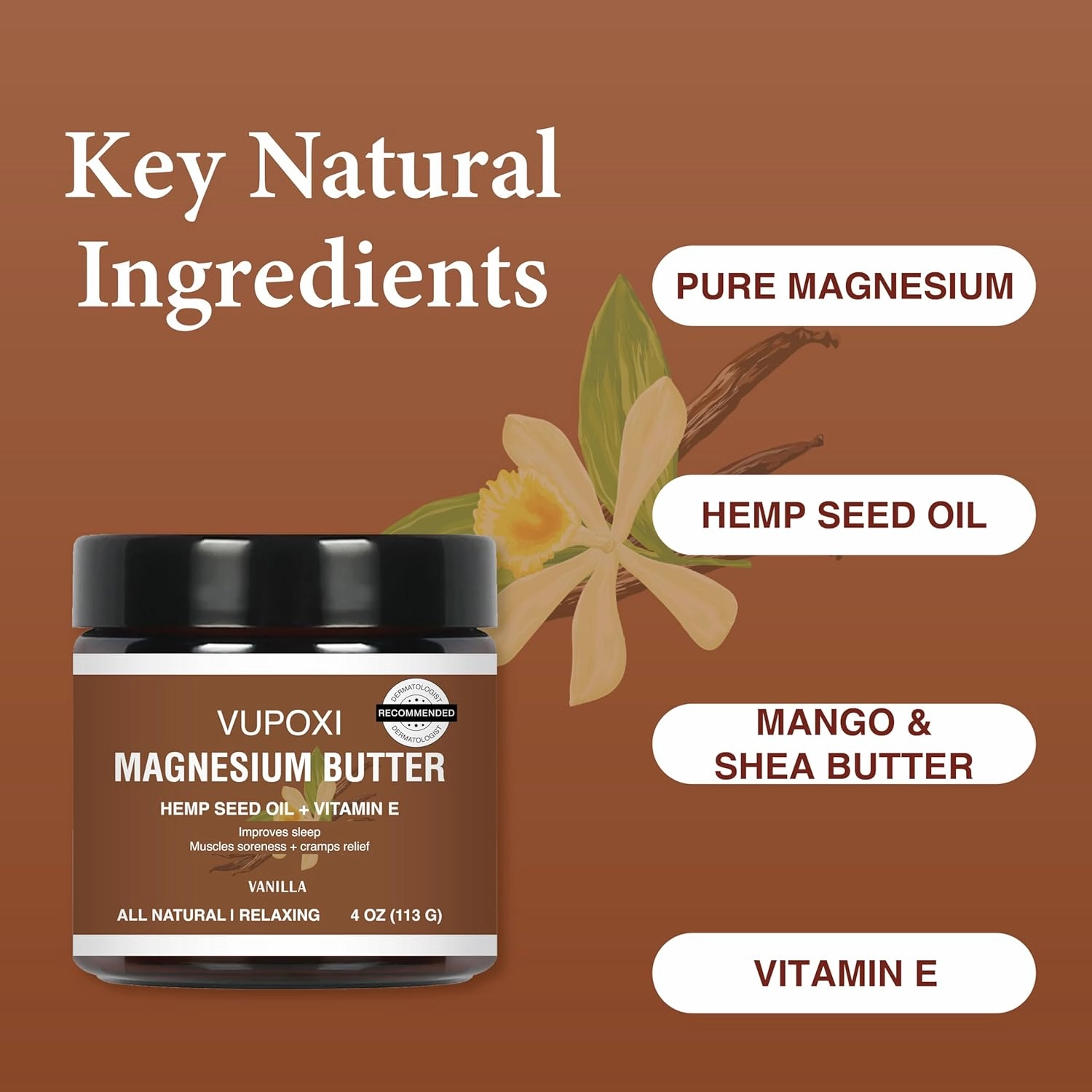 Magnesium Cream for Sleep, Muscle Soreness & Cramps Relief with Jojoba Oil, Vitamin E, Shea Butter - Topical Magnesium Lotion for Calm & Relaxation - (4 fl, Vanilla)