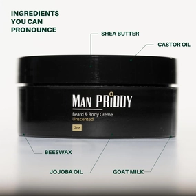 MAN PRIDDY Unscented Beard & Body Creme 2 oz; 2-in-1 Natural & organic Beard   Body Cream, Moisturizes Beard & Body, Softens Beard while promoting beard growth.