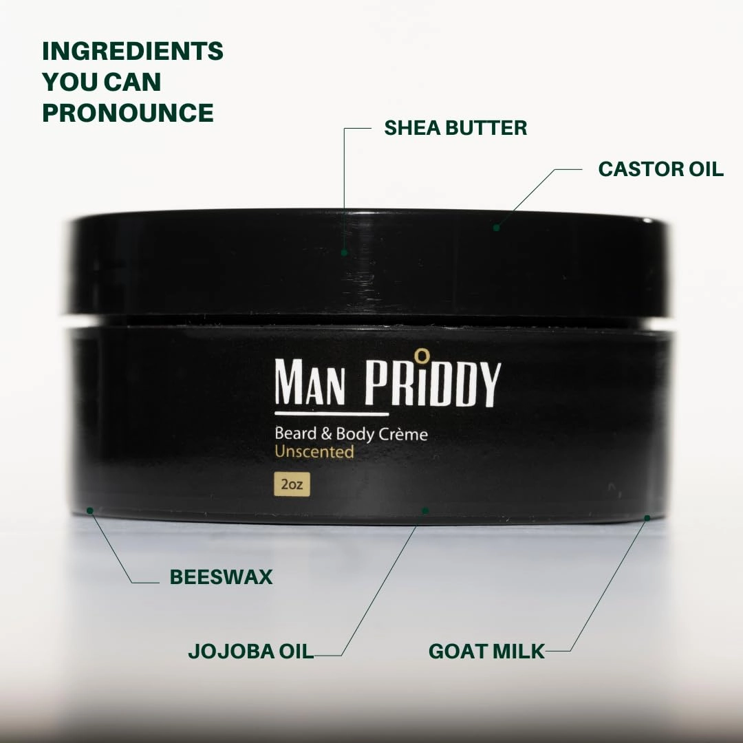 MAN PRIDDY Unscented Beard & Body Creme 2 oz; 2-in-1 Natural & organic Beard   Body Cream, Moisturizes Beard & Body, Softens Beard while promoting beard growth.