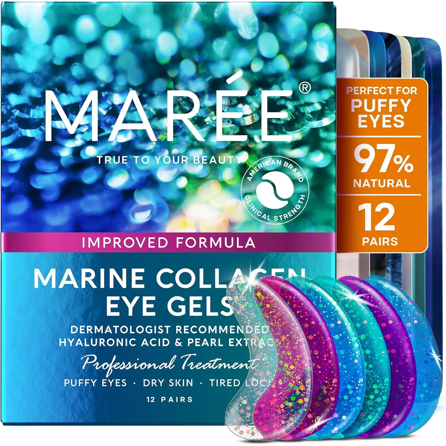 MAREE Eye Gels - Under Eye Patches for Puffy Eyes and Dark Circles with Natural Marine Collagen & Hyaluronic Acid - Anti-Aging Masks for Face to Soothe Puffiness