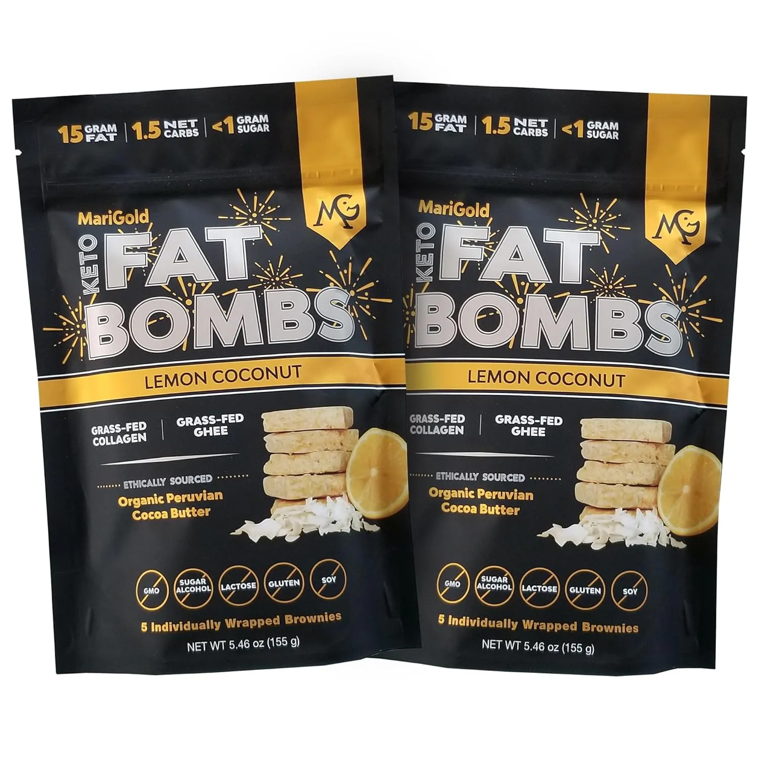 MariGold Keto Fat Bombs - Lemon Coconut - Low Carb, Collagen Rich, Grass-fed Ghee, Organic Cocoa Butter, Gluten-Free, Non-GMO (2 bags, 5 Servings Each)