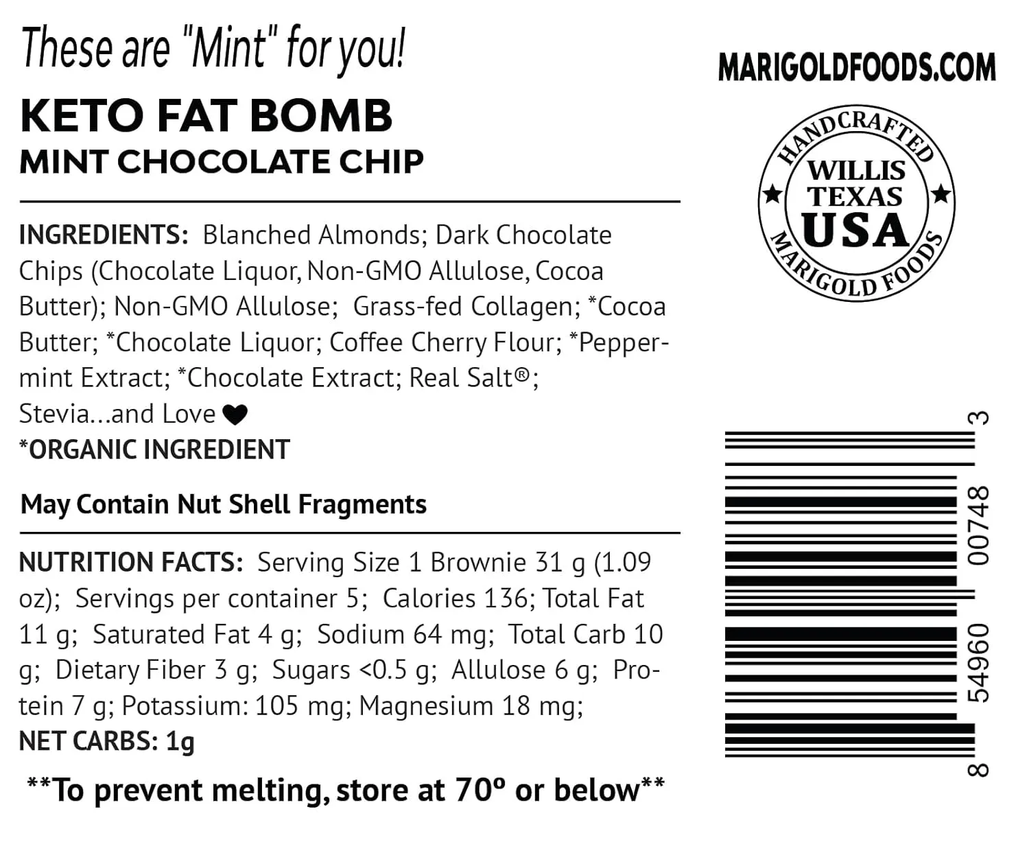 MariGold Keto Fat Bombs Snacks - Mint Chocolate Chip - Low Carb, Collagen Rich, Organic Cocoa Butter, Dark Chocolate, Organic Peppermint, Gluten-Free, Non-GMO (2 bags, 5 Servings Each)