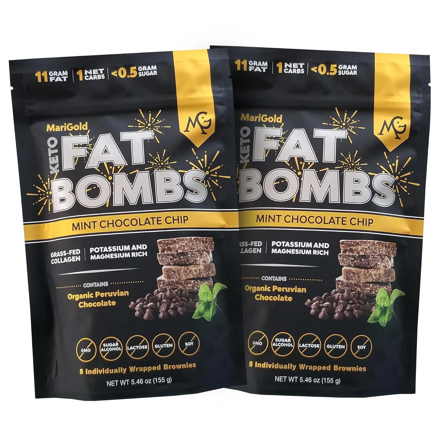 MariGold Keto Fat Bombs Snacks - Mint Chocolate Chip - Low Carb, Collagen Rich, Organic Cocoa Butter, Dark Chocolate, Organic Peppermint, Gluten-Free, Non-GMO (2 bags, 5 Servings Each)