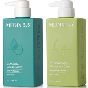MEDIX Exfoliating Glycolic Acid Body Wash & Face Wash   Coconut Body Lotion Skin Care Set | Coconut Oil Lotion Body Cream & AHA   Lactic Acid Foaming Body Wash For KP Bumps, Keratosis Pilaris, & Acne