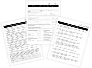Microneedling Intake Forms, Consent, Aftercare Instructions | 75pk 25 of Each | Skin Rejuvenating Microneedling | Anti Aging, Anti Wrinkle | 8.5 x 11” Client Intake Signature Minimalist Black White