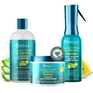 Mielle Kalahari Melon & Aloe Vera Hydrating Shampoo, 2-Minute Conditioner & Leave-In Conditioner Spray - Moisturizing Products for Curls, Dry, and Textured Hair (3 Product Bundle)