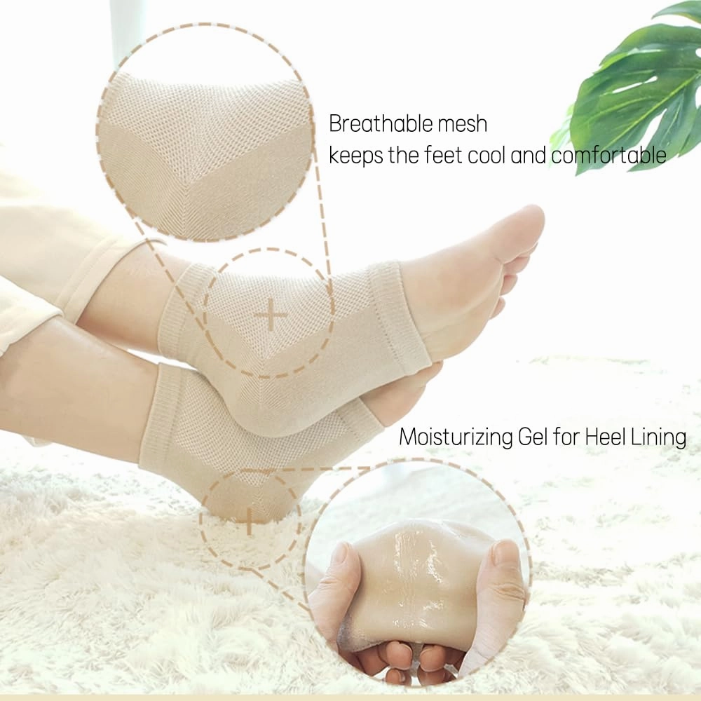 Moisturizing Gel Heel Socks to Repair Dry, Cracked Heels – Soften, Soothe & Revitalize Feet for Men & Women (Beige, 2 Pairs)