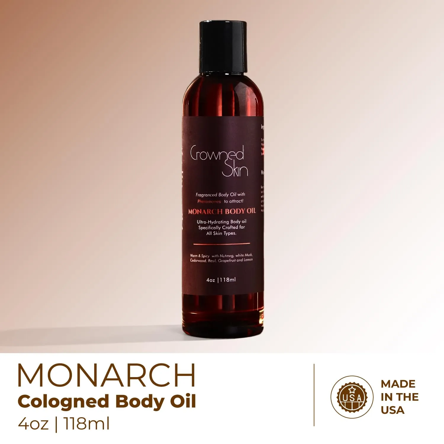 Monarch Cologned Body Oil | Spicy & Bold Scent | Blended with White Musk & Cedarwood | Infused with Organic Jojoba & Grapeseed Oil | Moisturizing Formula with All-Day Fragrance | 4oz