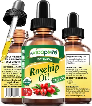 MYVIDAPURE Organic Rosehip Oil Certified Organic Wild Growth RAW Pure Virgin UNREFINED 0.5 Fl.oz.- 15 ml. for Face, Body, Hair and Lip Care