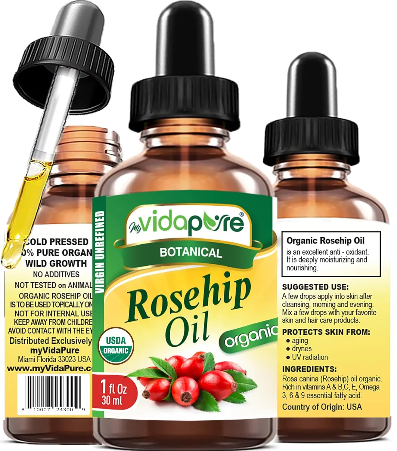 MYVIDAPURE Organic ROSEHIP OIL Certified Organic WILD GROWTH RAW Pure VIRGIN UNREFINED 1 Fl.oz.- 30 ml. For Face, Body, Hair and Lip Care