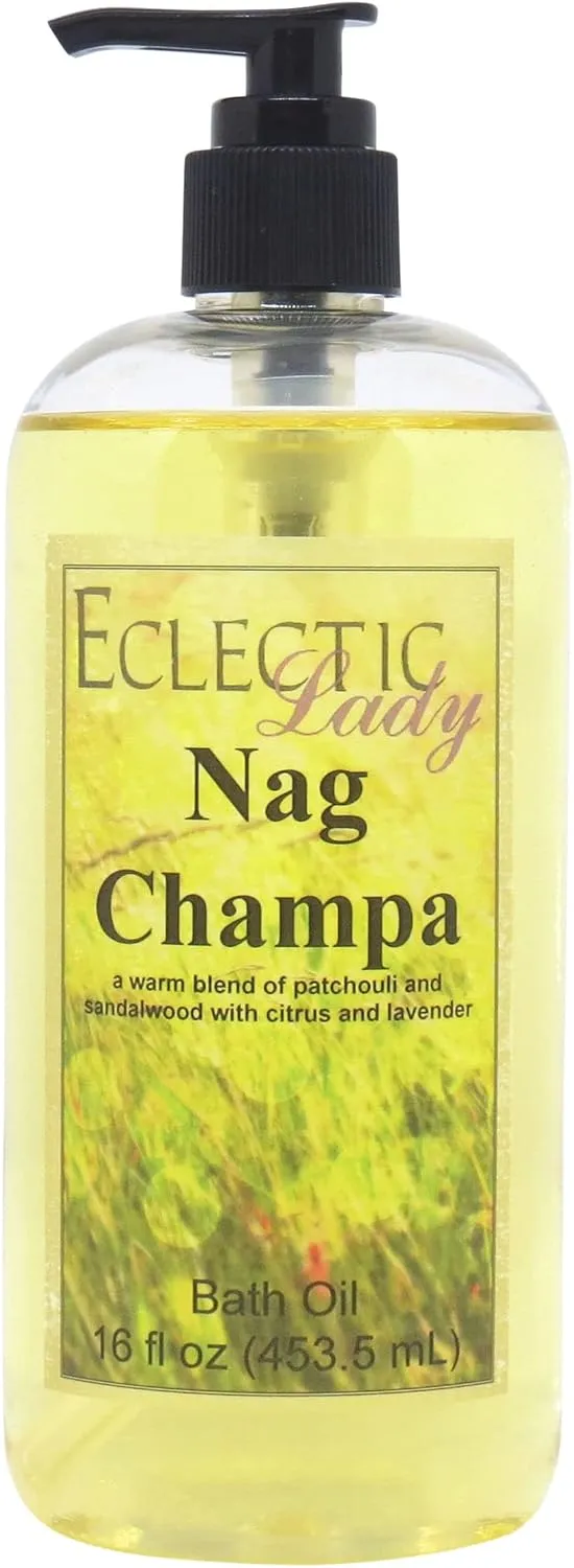 Nag Champa Bath Oil by Eclectic Lady - Scented Bath Oil - Relaxing & Moisturizing Bathing Oil - Fragrance Body Oil For Dry & Rough Sensitive Skin - Body Daily Nourishing Shower Oil (16 oz)