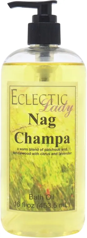 Nag Champa Bath Oil by Eclectic Lady - Scented Bath Oil - Relaxing & Moisturizing Bathing Oil - Fragrance Body Oil For Dry & Rough Sensitive Skin - Body Daily Nourishing Shower Oil (16 oz)