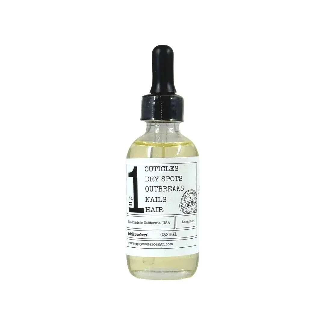 No1 Dry spot oil. Moisturizing oil. Skin, cuticles, hair, and feet. Eczema and itch relief. For dry and sensitive skin. With essential oil of lavender.