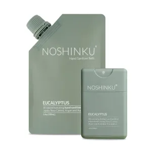 Noshinku Eucalyptus Pocket Hand Sanitizer Refill Kit: Refill Pouch   Sprayer Bundle | Organic Antibacterial Sanitizing Mist with Moisturizing Oils | FDA Registered | 70% Sugarcane Derived Alcohol
