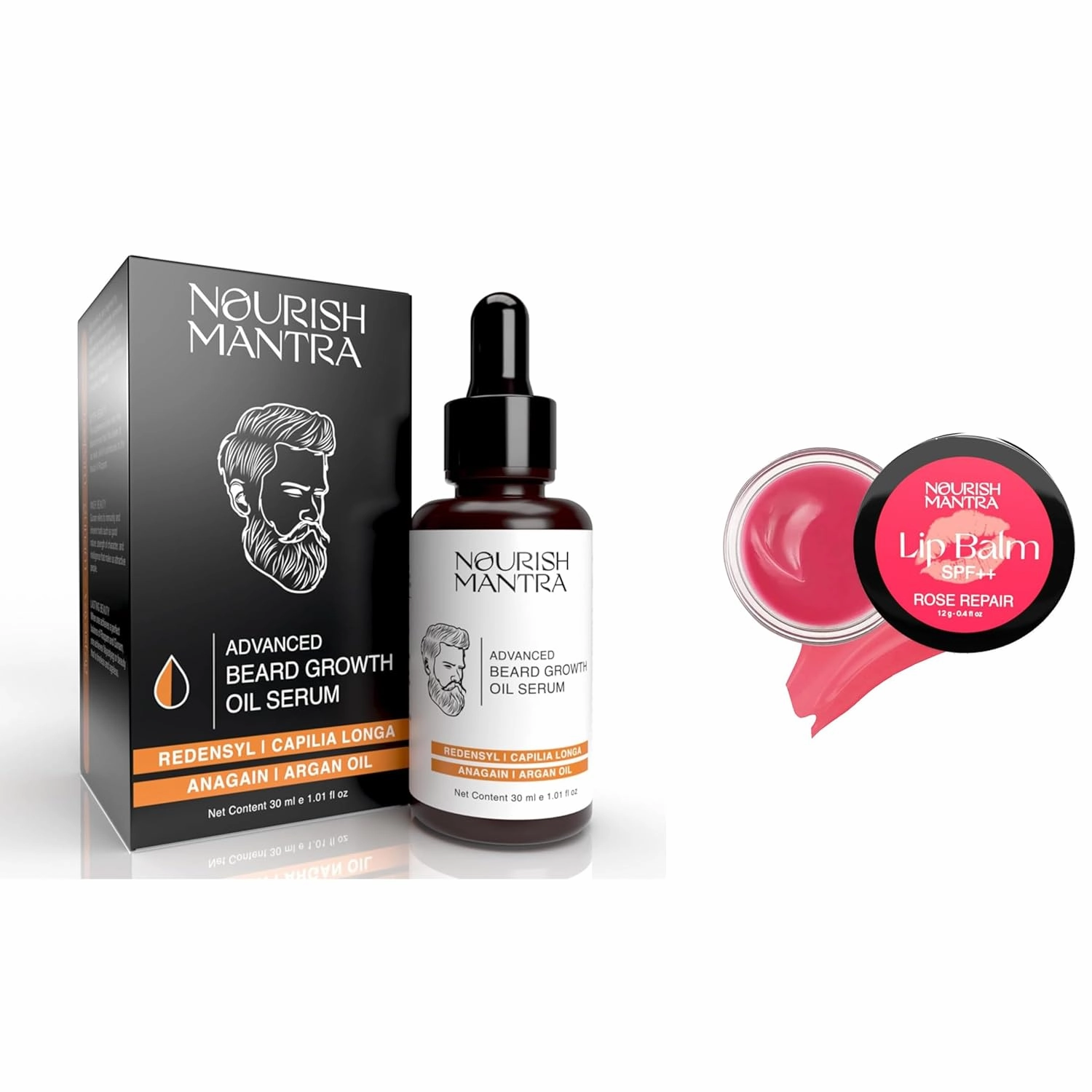 NOURISH MANTRA - Advanced Beard Growth Oil Serum 30 ml and Rose Repair Lip Balm 12g