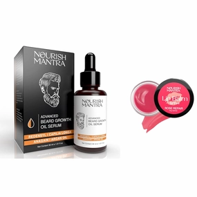 NOURISH MANTRA - Advanced Beard Growth Oil Serum 30 ml and Rose Repair Lip Balm 12g