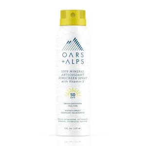 Oars   Alps 100% Mineral Sunscreen Spray for Face, SPF 50 Body Sunscreen Infused with Vitamin E & Antioxidants, All Skin Types, No White Residue, Water & Sweat Resistant, Lightweight, Hydrating, 6oz