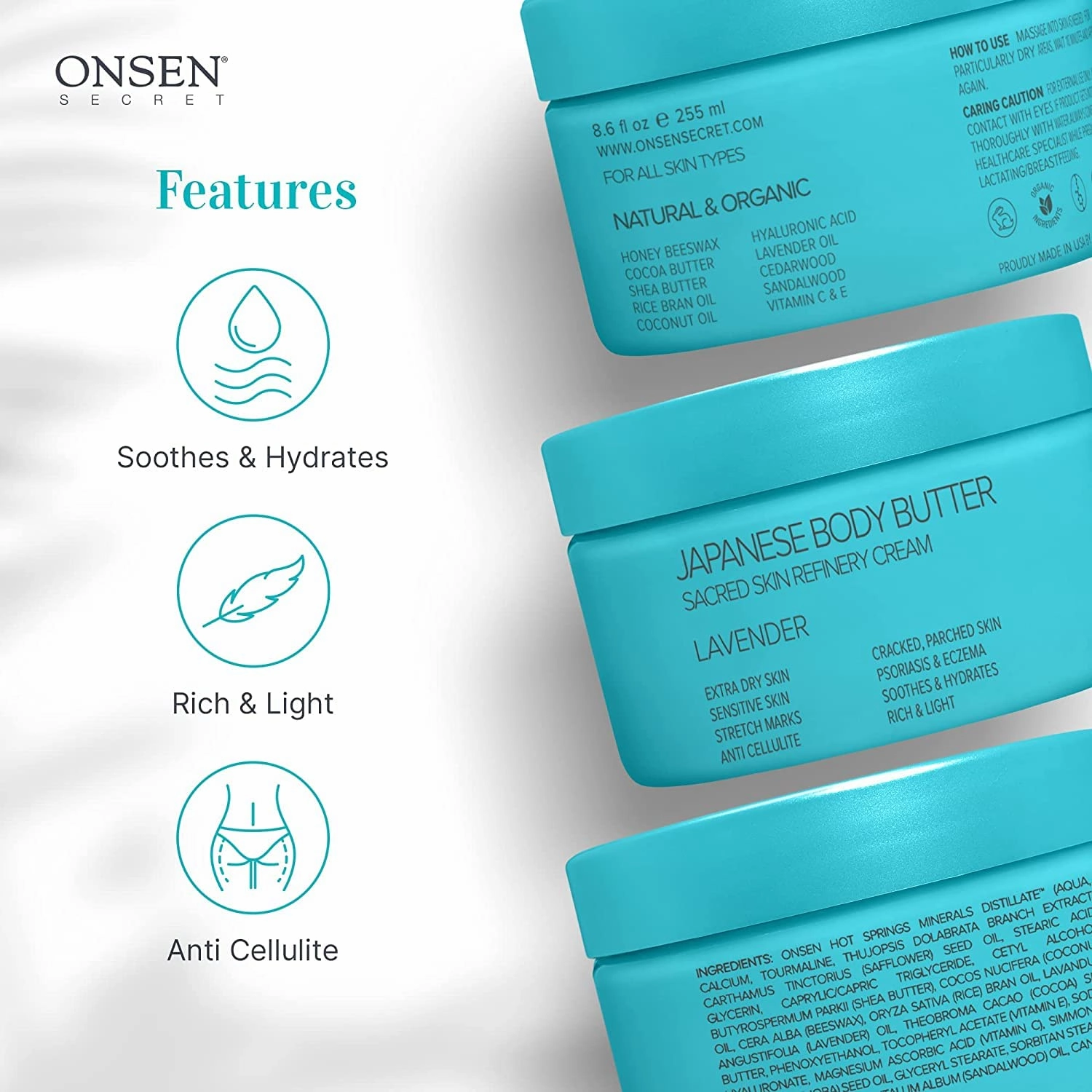 Onsen Japanese Body Butter for Women - Skin Refinery Cream Natural and Organic Shea Butter Moisturizing Clear Skin Exfoliator with Coconut Oil and Vitamin E - 8.6 fl oz / 255 ml (Lavender)